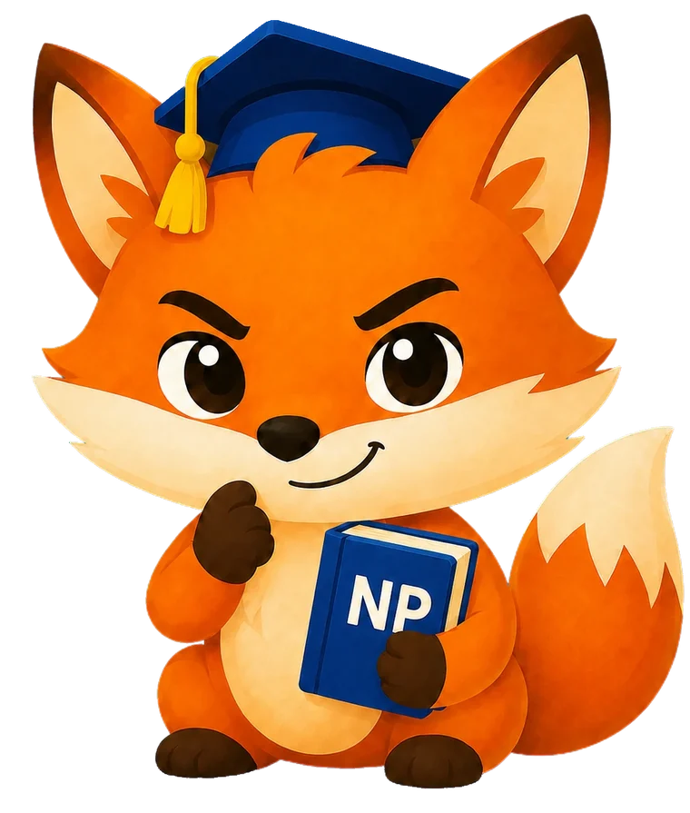 NP Räven, appens räv med studentmössa och NP-bok