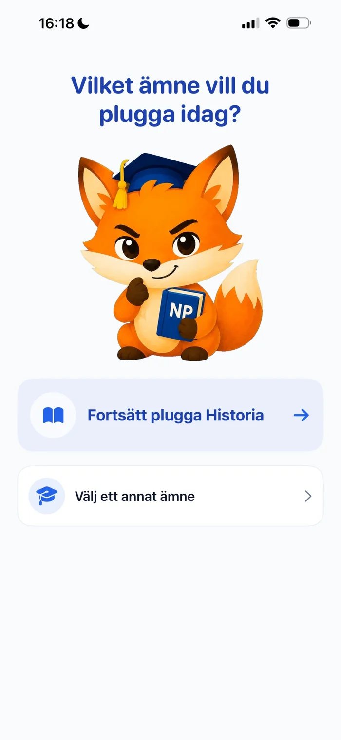 NP-appens startsida: Vilket ämne vill du plugga idag? med knappen Fortsätt plugga Historia