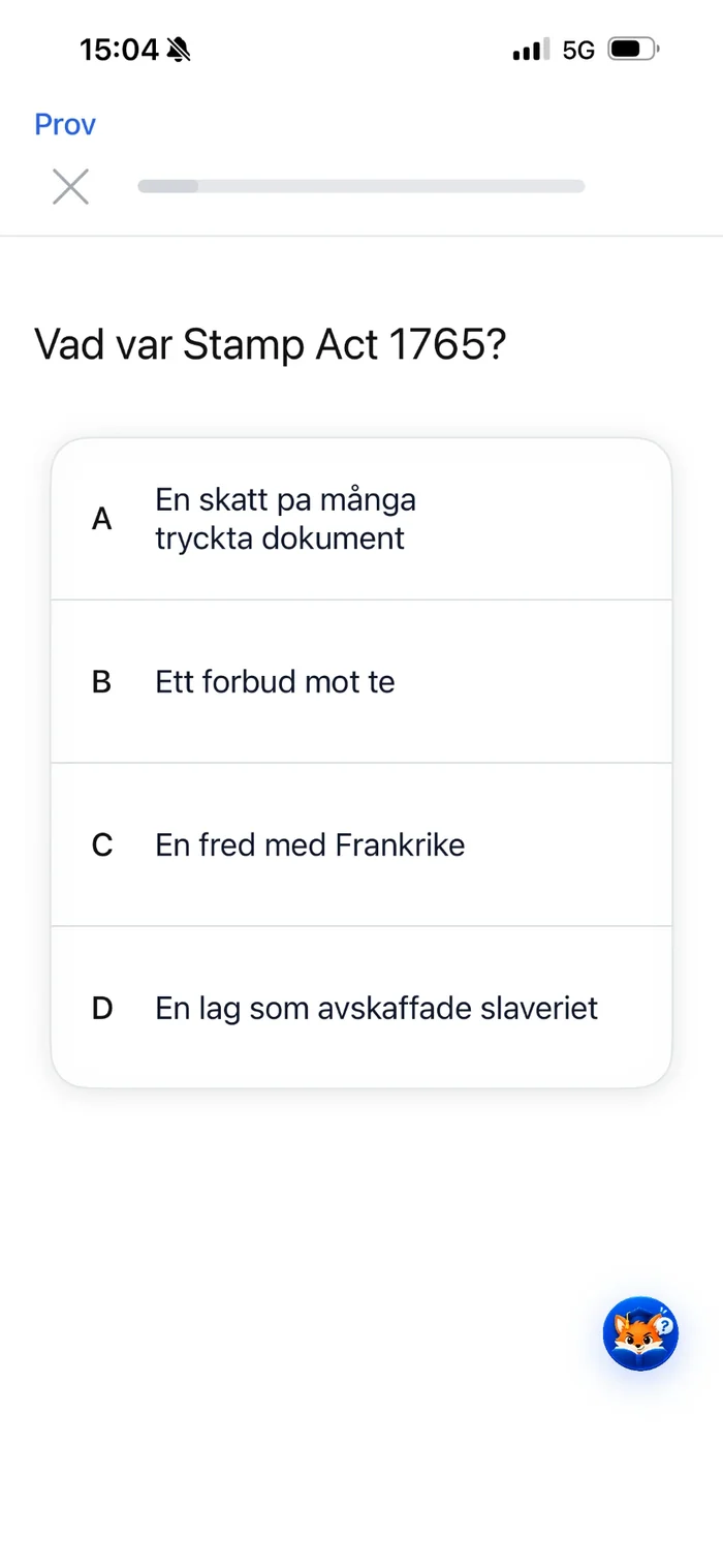 Provfråga: Vad var Stamp Act 1765? med fyra svarsalternativ